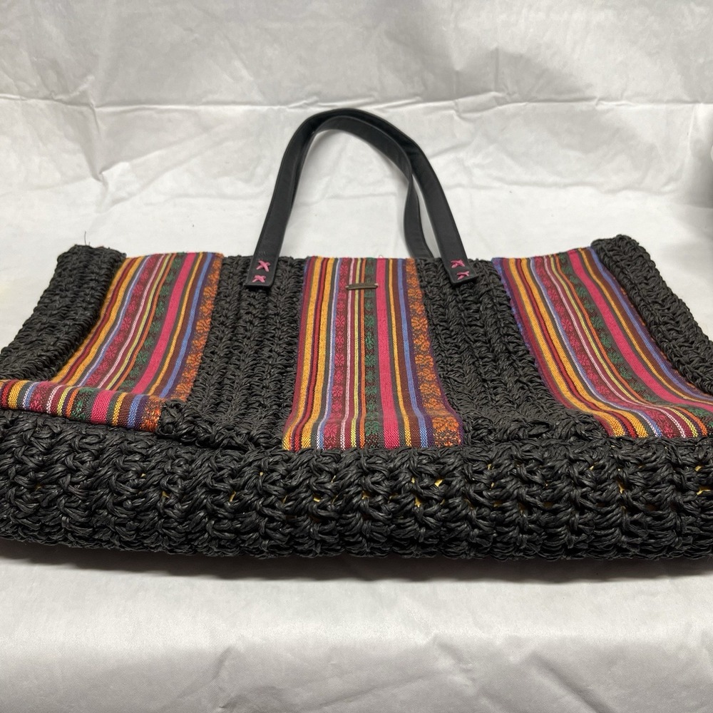 Sun N Sand Multicolor Woven Hand Bag Leather Straps Boho Beach Tote Clean - Picture 6 of 8